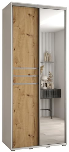MEBLE KRYSPOL Davos 11 120 Schrank mit Zwei Schiebetüren für Schlafzimmer - Moderner Schrank mit Spiegel, Kleiderstange und Regalen - 235,2x120x60 cm - Weiß Artisan Silber