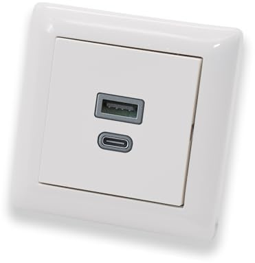 EBROM USB-C und USB-A Unterputz Steckdose/Lader, 45+15 Watt Leistung – Schnellladefunktion für Wearables, Smartphones Tablets + Gira System 55 reinweiß glänzend Rahmen 021103