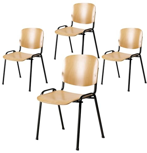 Topsit 4er Set Besucherstuhl, Bequemer Konferenzstuhl, stapelbar, mit Sitz und Rückenlehne aus Holz. (Schwarzer Gestell)
