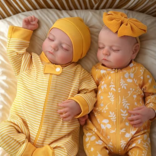 JIZHI Re-Born Babies Zwillinge – 20 Zoll realistisches Neugeborenes Baby Junge Mädchen mit weichen Vin-ylgliedern, lebensechte Babypuppen Zwillinge mit Kleidung für Kinder ab 3 Jahren