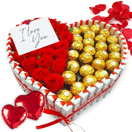 Corazon de Rosas Rojas y Ferrero Rocher - Regalo Ideal para San Valentin, Dia de la Madre - 25 Bombones Ferrero Rocher - 24 Rosas Artificiales y Kinder Chocolate. Corazon de Chocolate de 30 cms [IAMI]