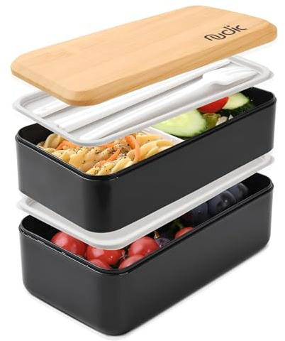 Nudic Bento Lunch Box, Leak-Proof Lunch Container with Compartments, Japanese Style Bento Lunchbox with Sauce Pot Cutlery Set, BPA Free Microwave and Dishwasher Safe 1400 ml.