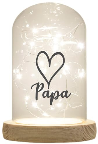 WB wohn trends LED-Glaskuppel, Papa Herz, 16,5x11cm, Glasglocke mit LED-Licht und Holz-Fuß LED-Laterne LED-Lampe mit Text Spruch