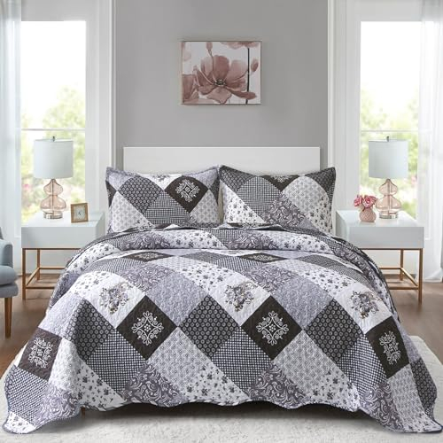 WONGS BEDDING Dessus de lit de 220 x 240 cm, carrés de patchwork matelassés à motif floral, en microfibre, avec 2 taies d'oreiller de 48 x 75 cm, noir et gris