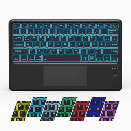 EASYTONE Bluetooth Tastatur Mit Deutschem QWERTZ Layout - Mini Kabellose Touch-Tastatur, Wiederaufladbar, Schlanke 7-Farbige Hintergrundbeleuchtung für iOS Android Windows - Schwarz