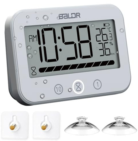 Horloge murale étanche pour salle de bain avec température et humidité, grand écran numérique, barre de progression visuelle, compte à rebours de cuisine, réveil à suspendre pour le bain des enfants