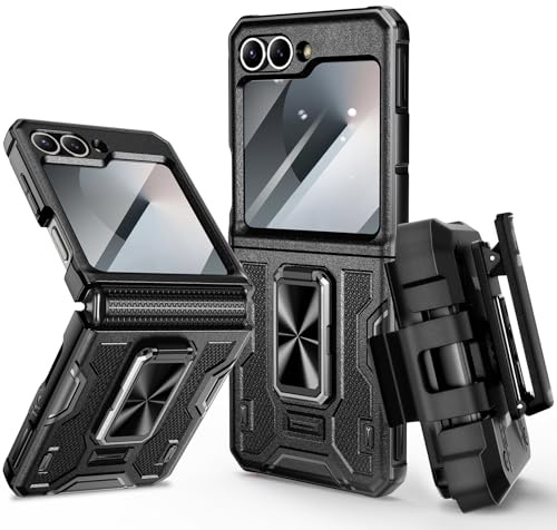 VEGO for Galaxy Z Flip 6 Case with Belt Clip Holster and Kickstand A-Black
