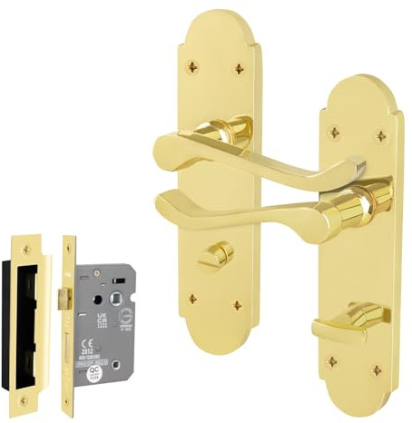 EAI Polished Brass Door Handles with Bathroom Lock 64mm - Victorian Scroll | Complete Bathroom Kit with 1 Pair of Victorian Scroll Lever on Backplate Door Handles, 64mm Bathroom Lock, Fixings Included