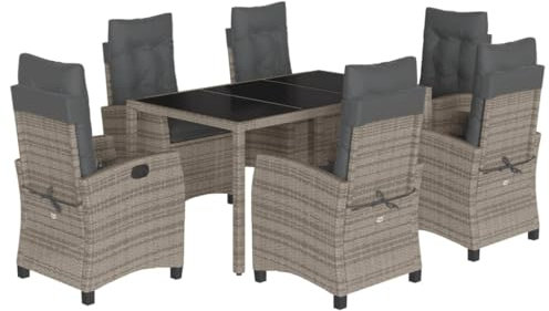 HETFTJN Biergarnitur Bierzeltgarnitur Balkonmöbel Sitzgruppe Outdoor - 7-TLG. Garten-Essgruppe mit Kissen Grau Poly Rattan für Hof Garten Terrasse Café