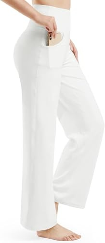 G4Free Pantalon de yoga pour femme - Taille haute - Extensible - Coupe droite - Jambe large - Avec poches - Ample - Sport - Gym - Décontracté - Pantalon de course à pied - Pantalon de jogging à jambe
