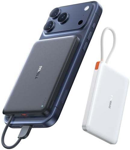 TORRAS Slim Powerbank mit USB-C Kabel, 10000mAh 22.5W PD3.0-Schnellladen Power Bank, Tragbare Externe Handyakkus für iPhone 17 Pro Max/Air/16/15, Samsung, AirPods(Nicht kabellos) Grau Titan.