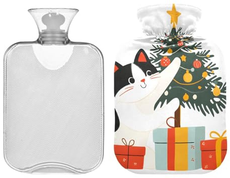Wärmflasche mit Weihnachtsbäumen, süße Katze, mit Samtbezug, 2L Wärmbeutel für heiße und kalte Kompresse, Handfüße-Wärme, ideal für heiße und kalte Kompresse