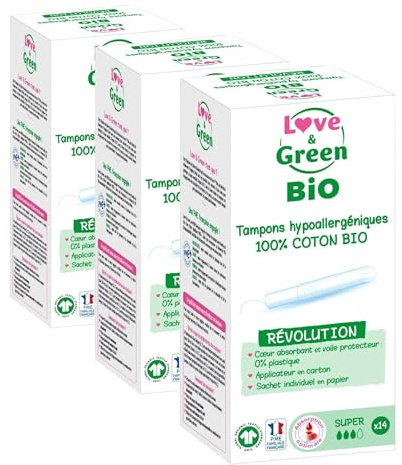 Love & Green Bio - Tamponi ipoallergenici con applicatore, 1 x 14 pezzi (Confezione da 3)