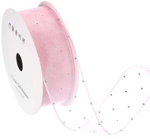 sourcing map Organza Sheer Ribbon with Silver Rhinestone, 1.6 Inch x 10 Yard Gauze Wired Ribbon for Christmas Tree Wreath Bow Making Gift Wrapping Party Decoration, Pink