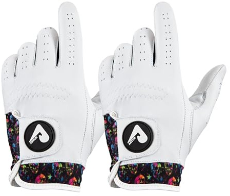 ASTUR Golfhandskar, 2-pack, Cabretta-läder, män, vänster hand, karismatisk unik handledsdesigntryck (TRIPPY SKULLS, storlek L)
