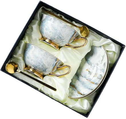 Tasse à café rétro en porcelaine anglaise 220 ml, service à thé créatif et personnalisé – Bleu électrique 2 tasses, 2 plats, 2 cuillères