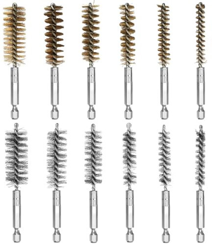 Set di 12 Spazzole Metalliche: 6 in Acciaio Inox e 6 in Rame, Cilindrica Rotonda con Asta Esagonale, Forata per Lucidatura, Levigatura, Rimozione