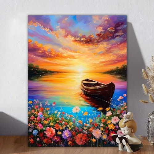 Malen Nach Zahlen Erwachsene Boot, Malen Nach Zahlen Kinder, DIY Kreativ Set für Frauen mit 3-Pinseln Acrylfarbe Leinwand, Paint by Numbers Sonnenuntergang für Room Decor, Ohne Rahmen 100x130cm Y-7