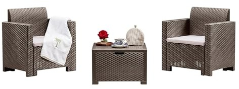 Dmora - Loungeset für draußen Neptune, Outdoor-Lounge mit Couchtisch, Terrassenset mit Kissen, Gartenkomposition mit Sofa und Sesseln, Made in Italy, Taube