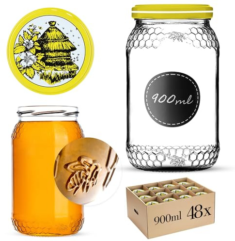 KADAX 48er Set Einmachgläser 900ml TO82 Bienenstock, Große Sturzgläser mit Schraubdeckel, Einkochgläser Fermentierglas für Gurken, Gemüse, Sauerteig