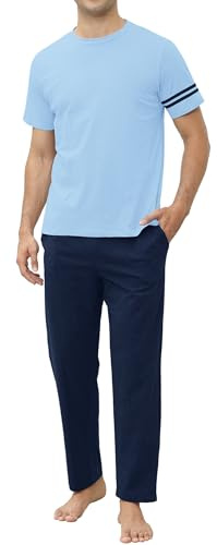TeJoyce Pijama Hombre Algodon Largo Verano, Dos Piezas Ropa de Dormir, Conjunto Camiseta Manga Corta y Pantalones con Bolsillos, Ropa de Casa Suave y Ligera S-XXL