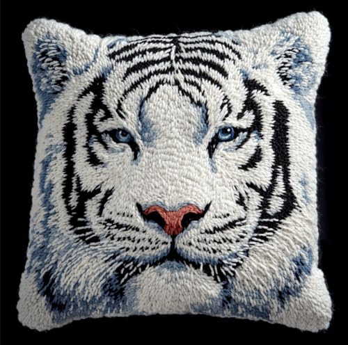 ORLUMY DIY Latch Hook Kits for Adults White Tiger Beginners DIY Crochet Pillow Kit Pre-Printed Pillowcase Hook and Latch Rug Kits Needlework Cushion Cover for Home Sofa Decoration 17X17 Inch