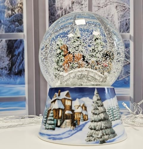 Schneekugel Weihnachten Spieluhr | Kutsche über Brücke | Sockel Winterlandschaft Mittelblau | Höhe: 140mm Breite: 100mm | Weihnachtsdekoration | 20291