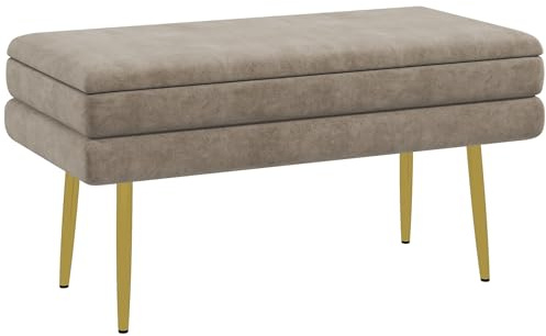 HOMCOM Sitzbank, Polsterbank mit Stauraum, Samtoptik, Bettbank mit Stahlbeine, Schuhbank, Aufbewahrungsbank für Wohnzimmer, Schlafzimmer, Beige, 79,5 x 37,5 x 43 cm