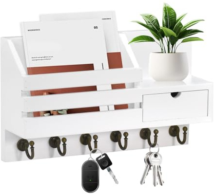 UHETLET Schlüsselbrett mit ablage Schlüsselboard Schlüsselhalter Wandregal mit Schublade Schlüsselablage Holz Dekoratives Weiß Wandregal mit 6 Schlüsselhaken für Eingang Flur Schlafzimmer Wohnzimmer