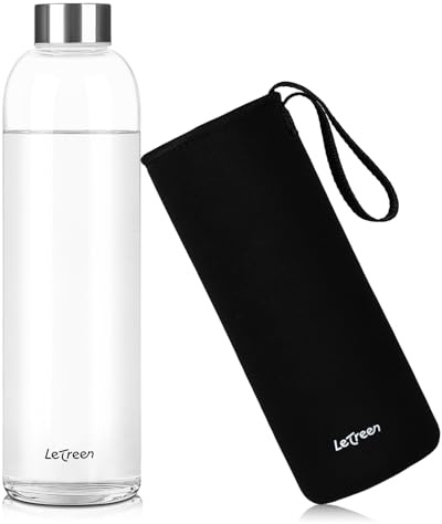 LETREEN Gourde en Verre 1 Litre, 1L avec Housse en Néoprène, sans BPA, étanche et Réutilisable, Bouteille en Verre 1 Litre pour Maison, Voyages, Sport, Yoga, Gym, Boissons Chaudes Froides