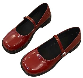 Ballerines plates Mary Jane - Chaussures basses pour femme - Loafer - Talon bas - Chaussures de soirée à enfiler - Escarpins épais - Chaussures confortables en cuir - Chaussures élégantes, rouge, 38