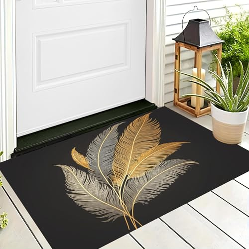 Tappetino Antiscivolo Oro Cenere Piume Di Palma 3D,Benvenuto Interni Ed Esterni Tappeto Arte Elegante,Zerbino Per Porta D'Ingresso Camera Da Letto Soggiorno,50X80Cm