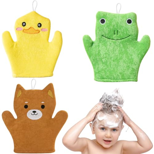 3 Stück Mikrofaser-Waschhandschuhe, Waschlappen Baby, Super Saugfähige und Weiche Kinderwaschlappen, Handschuhe im niedlichen Tier-Stil, sanftes Peeling für Babys, Kleinkinder und Kinder