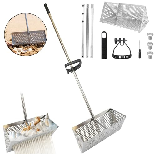 Rastrillo de playa, rastrillo para pulgas de arena, colador de arena de acero inoxidable con cesta trapezoidal ancha, rastrillo de arena extraíble con mango largo, dientes afilados, trampa plegable