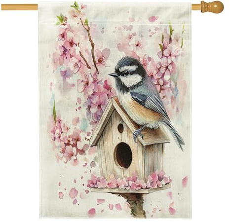 Frühlingsküken, Vogelhaus-Flaggen, 71,1 x 101,6 cm, doppelseitig, Blumenblumen, Vogelhaus, Standard-Sackleinen, Heimflaggen, Tier-Hinterhof-Flaggen, Outdoor-Dekoration