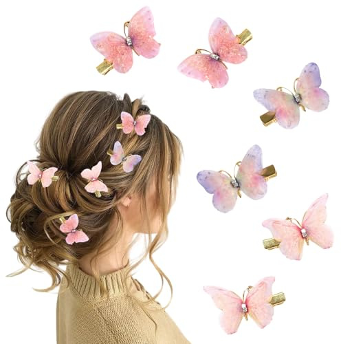 BAUCH Schmetterling Haarspangen 6er Set, 3D Organza Haarklammern mit Glitzer, Pastellfarbverlauf Haarclips für Mädchen & Damen