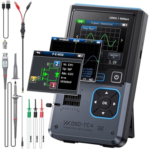 DSO-TC4 Oszilloskop, 3 in 1 Oscilloscope Handoszilloskop Transistortester Signalgenerator 10 MHz Bandbreite 48 MSa/s Abtastrate Multimeter Oszilloskope mit 2.8'' Tft Display, Transistor Tester