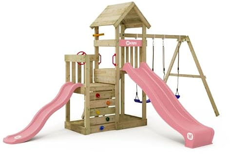 Wickey Tour de jeu Skyflyer 120 et 90 cm, avec toboggan rose pastel et bâche rose pastel, double balançoire, appareil de jeu pour le jardin