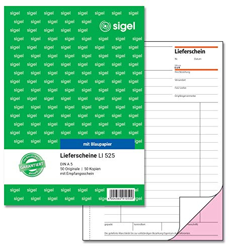 SIGEL LI525 Lieferscheine mit Empfangsschein, A5, 2x50 Blatt, mit Blaupapier, ultrafeiner Mikroperforation