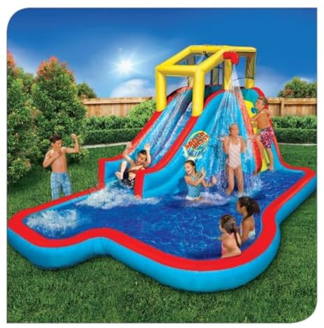 Banzai Inflatable Water Slide - Huge Kids Pool (14 Feet Long by 8 Feet High) with Built in Sprinkler Wave and Basketball Hoop - Heavy Duty Outdoor Aqua Blast Lagoon - Blower Included