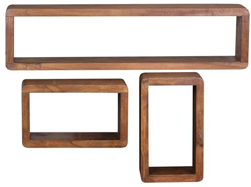FineBuy Wandregal 3er Set Sheesham Massivholz Viereckig | rustikale Hängeregale mit abgerundeten Ecken, Wandboards aus Echtholz, handgefertigt, jedes Set ein Unikat