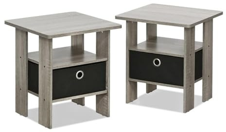 Furinno ANDREY Side Table, Set of 2 End Table, Night Stand with Open Shelves and Storage Bin, Bedside Table, for Living Room, Bedroom, French Oak