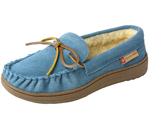 Alpine Swiss Sabine Womens Moccasin Slippers Genuine Suede House Shoe Memory Foam Insole Plush Faux Shearling Fur Indoor Outdoor Anti-Slip Rubber Sole BLU 9