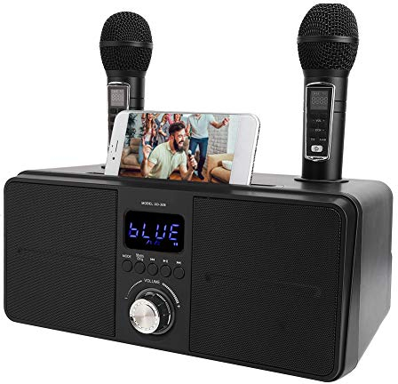 Máquina de Karaoke con 2 Micrófonos Inalámbricos Kit de KTV Altavoz Karaoke Bluetooth AUX USB Máquina Multipropósito de Video con Soporte para Teléfono Móvil Universal para Telefono/Tablet/PC