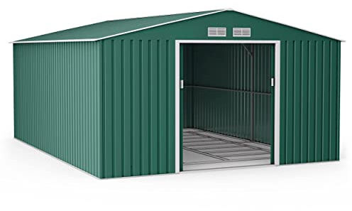 BillyOh Ranger Apex 11x14 Shed, Dark Green - Galvanised Steel Garden Storage Box for Tools & Bike with Vents, Foundation Kit - Lockable 2 Door Metal Shed for Outdoor Storage Cabinet Solution