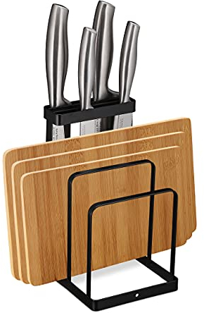 relaxdays Porta Coltelli & Taglieri 2in1, Accessorio Organizer da Cucina in Metallo, Ceppo Portacoltelli Smart, Nero