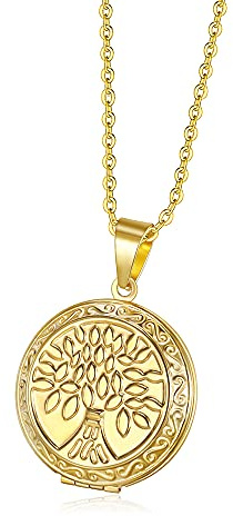 TOFBS Collier Photo Rond Femme Homme Médaillon Pendentif Médaille Gravure Personnalisée Acier Inoxydable Porte Photo Chaîne Bijoux Fille Cadeau Parfait (Doré*Arbre de vie)