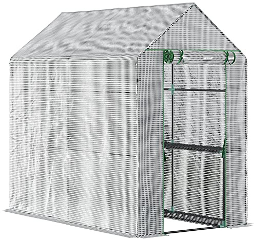 Outsunny 47.25 x 73.25 x 74.25 Walk-in Greenhouse, Outdoor Portable Green House with 4 Shelves, Plant Flower Growing Warm House with Roll-up Door, White