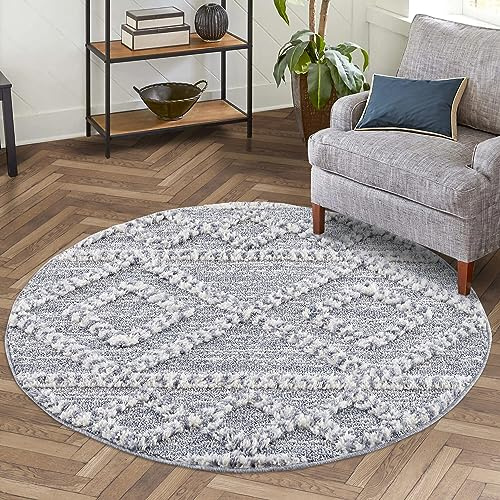 carpet city Teppich Hochflor Wohnzimmer - 120x120 cm Rund - Landhaus-Stil Ethno Grau - Cut-Loop, Hochtief, 3D-Effekt - Shaggy Teppiche Flauschig-Weich Schlafzimmer Langflor