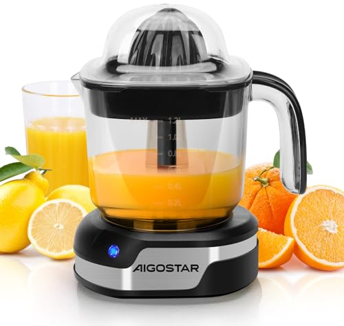 Aigostar 1.2L Orange Juicer Electric Citrus Juicer with LED Working Lamp, 2 Citrus Cones, Two Way Rotation, Filter, Lemon Squeezer Press for Orange Lemon Lime Grapefruit, Black - Juicy 30G4F